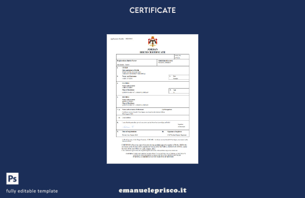 modello Word e PDF del certificato di nascita della Giordania in stile verificat